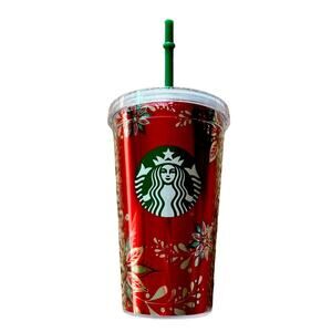 STARBUCKS 2020 NWOT Red Silver Floral Tumbler 16fl oz w/Clear Lid & Green straw